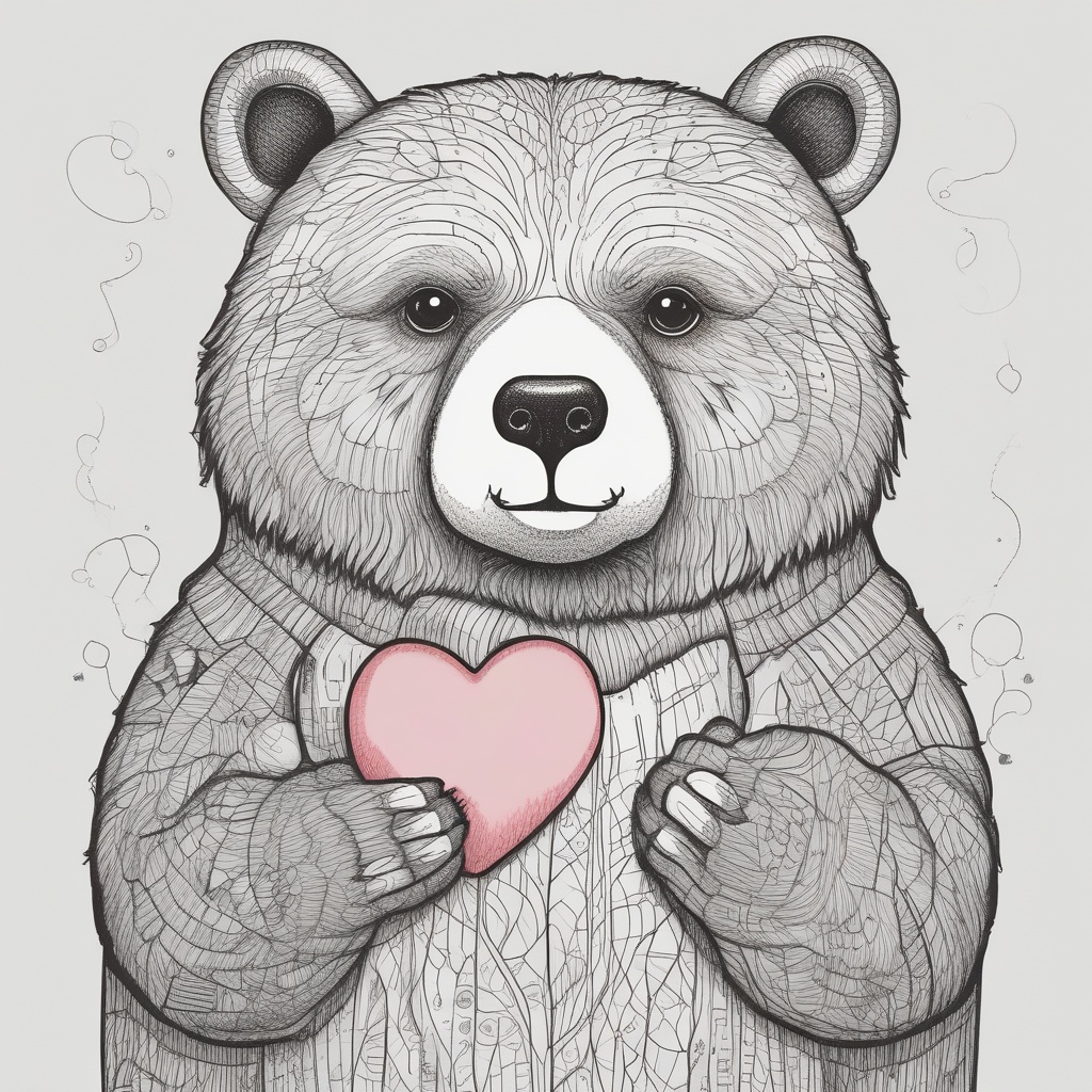A hand-drawn bear holding a heart looking confused
